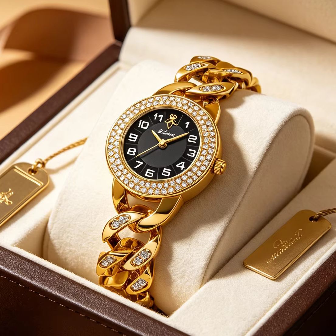 Luxury Watch With Arabic Numerals - YaLaLuSi Gouden Cubaanse ketting dameshorloge Volledig
